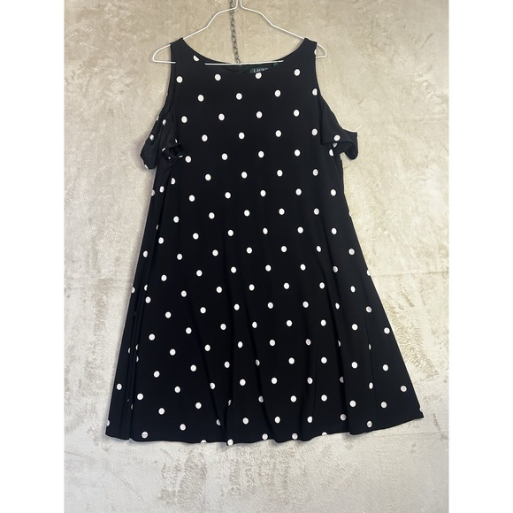 Lauren Ralph Lauren Womens 16 Dress Black White Polka Dot Cold Shoulder Zip Back - Picture 1 of 9